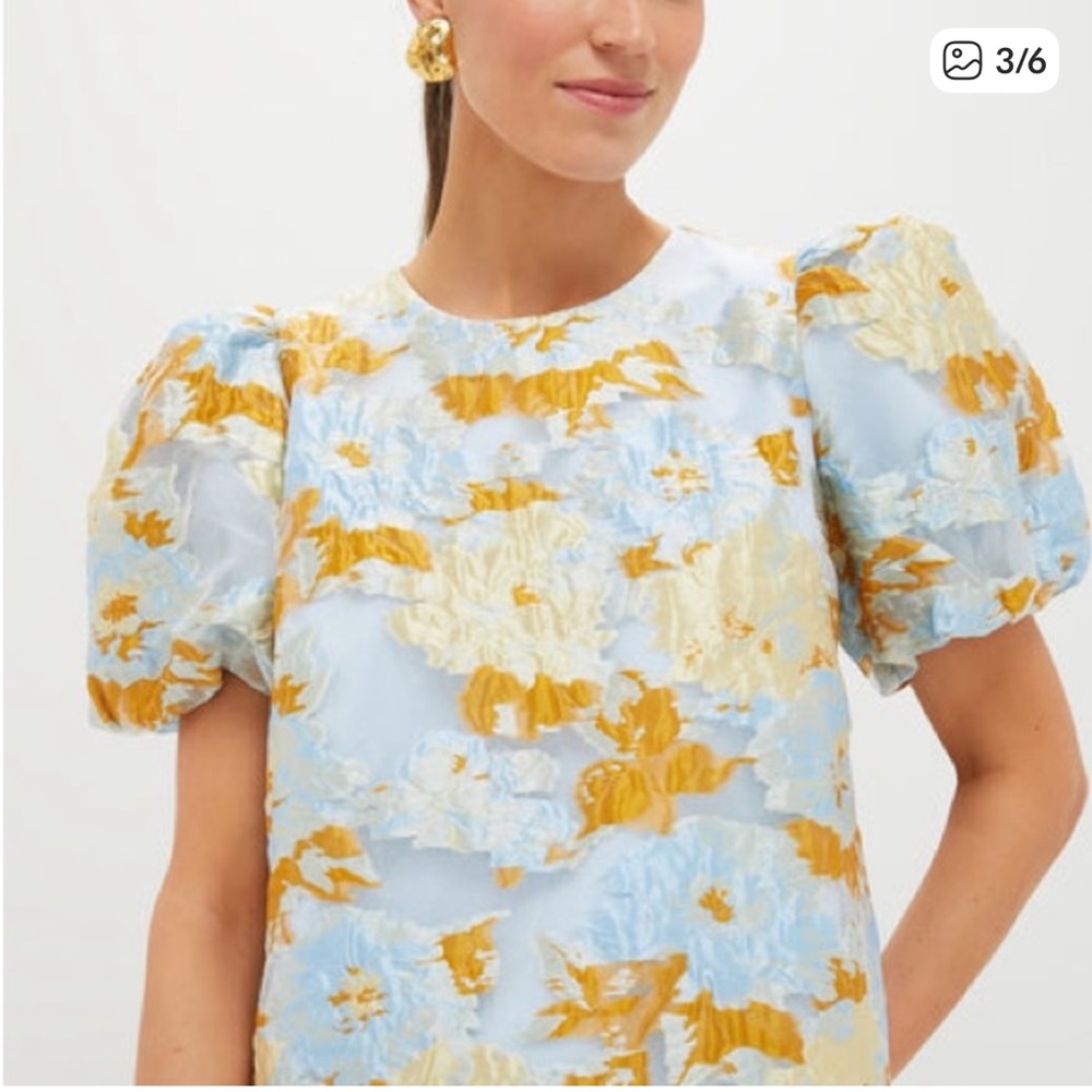 Pomander Place Light Blue Floral Puff Sleeve Top with Yellow Accents